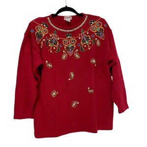 Victoria Jones Women's Pullover Knitted Sweater Size Medium Red Beaded Holiday